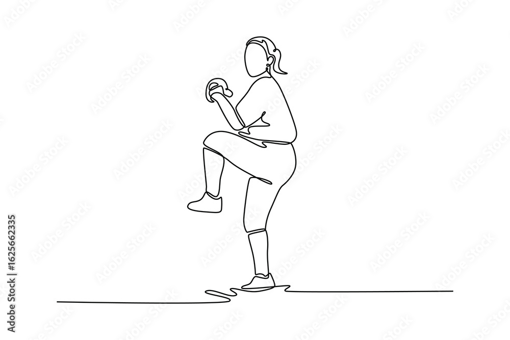 Fototapeta premium Single continuous line drawing female baseball player getting ready to pitch the ball during game outdoors. Pitcher training for match or competition. One line draw graphic design vector illustration