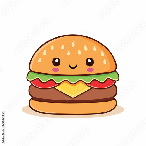 Adorable burger cartoon character with smiling face and fresh ingredients illustration