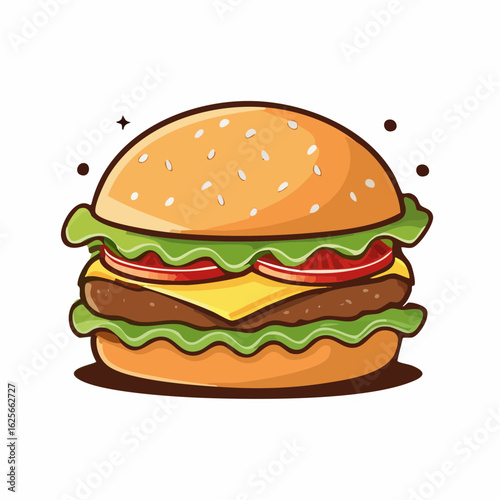 Delicious cartoon burger illustration with fresh ingredients and sesame seed bun