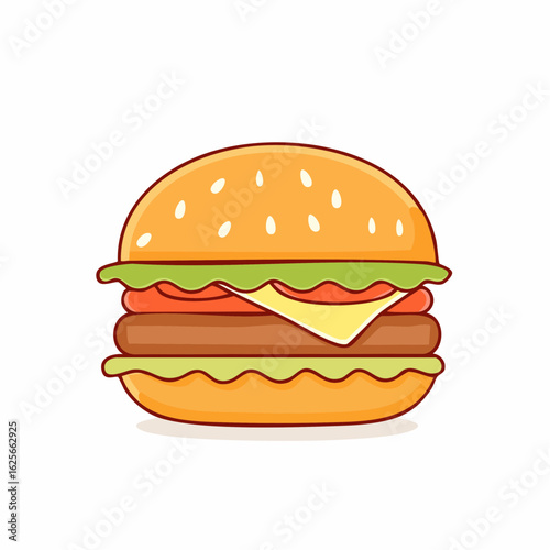 Cartoon Burger with Delicious Toppings and Sesame Seeds on a White Background