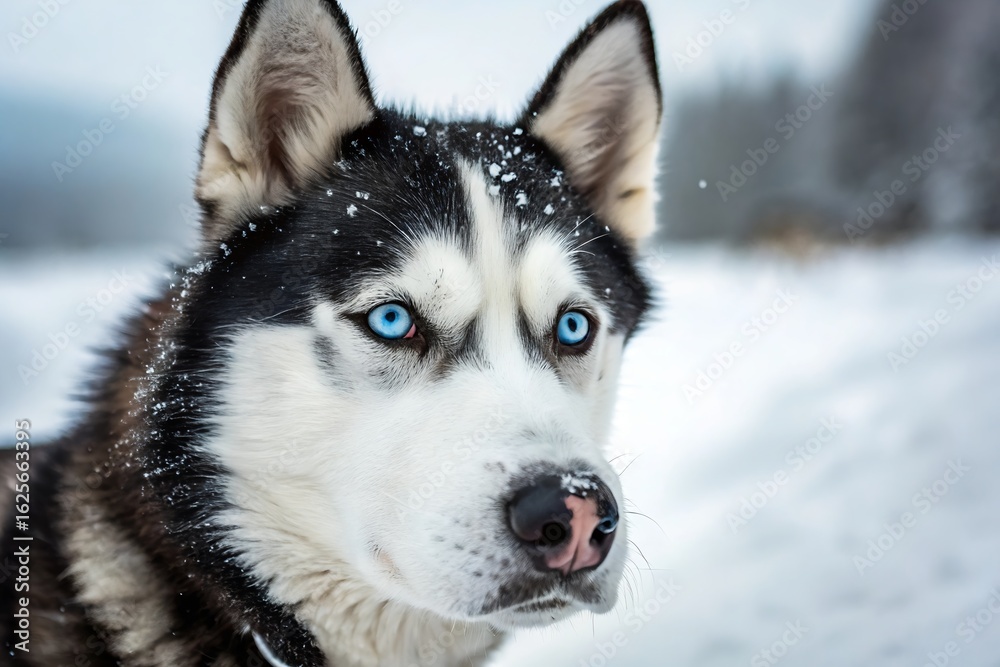 Naklejka premium Captivating husky with piercing blue eyes in a snowy winter wonderland, exuding loyalty and adventure