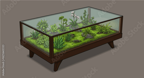 Home furniture indoor terrarium coffee table showcase with succulent plants and greenery for home decor and living room design vector