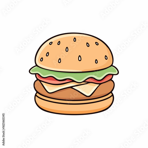 Cartoon Burger Illustration with Sesame Seed Bun and Colorful Toppings on White Background
