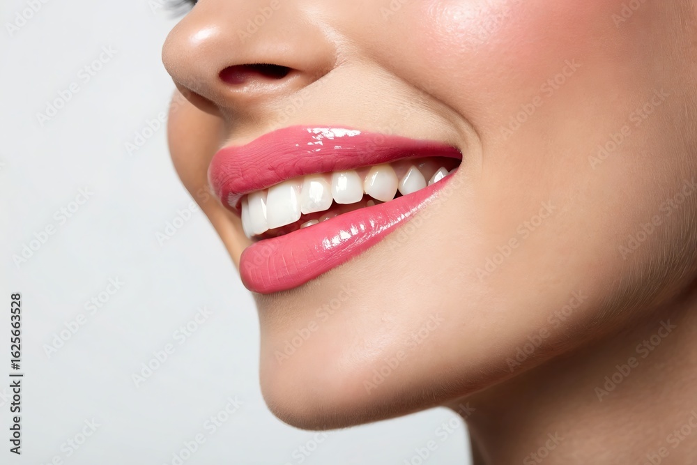 Obraz premium Radiant smile with glossy pink lips and perfectly white teeth, showcasing beauty and confidence.