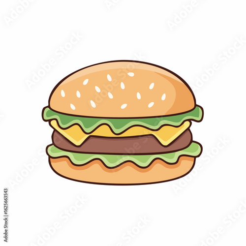 Cartoon depiction of a delicious cheeseburger with sesame seeds on the bun