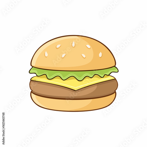 Cartoon burger illustration showcasing sesame bun, cheese, patty, and lettuce layers