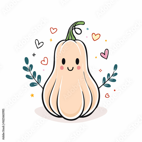 Charming Pumpkin Character Surrounded by Hearts and Foliage, Perfect for Autumn and Seasonal Designs