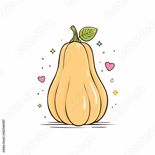 Illustration of a stylized butternut squash with hearts and sparkles on a white background