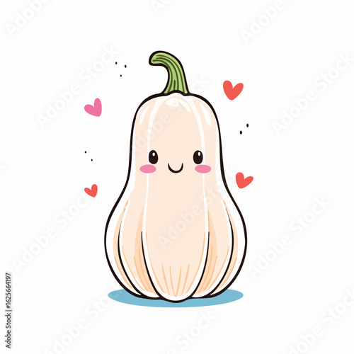 A cute and charming illustration of a smiling butternut squash surrounded by hearts and sparkles