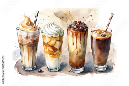 set of watercolor iced coffee latte vector illustration isolated on white background