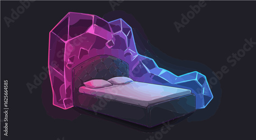 Home furniture crystal cave bed design with neon glow effect modern bedroom interior design and decor idea concept art vector