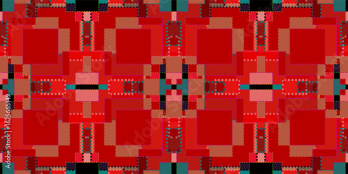 stylish and modern abstract background composed of interconnected squares and rectangles in a rich palette of reds, and maroons. The textured, stitched edges give it a unique and tactile feel


