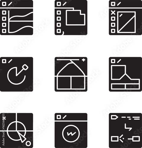 Collection of nine black and white flat icons representing various digital design and user interface elements silhouette