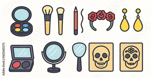 Día de Muertos Calavera Makeup Accessories Coloring Icons, Flat Vector Set