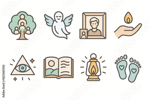 Día de Muertos Spiritual and Ancestral Symbols Coloring Icons, Flat Vector Set