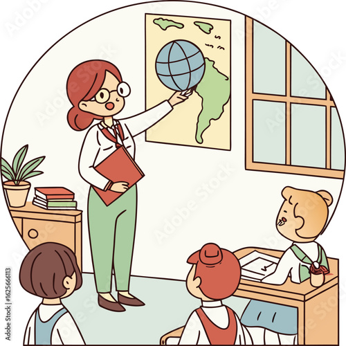 teacher teaching geography in classroom with students