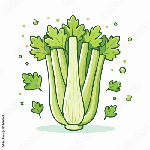 Illustration of Fresh Celery Bunch with Green Leaves and Tiny Dots around it