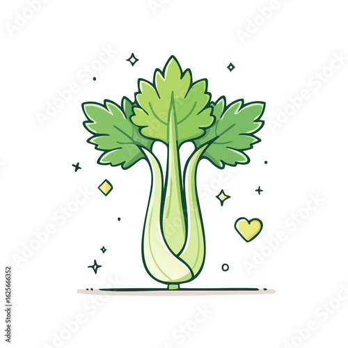 Whimsical celery stalk illustration with sparkling accents and a cheerful heart