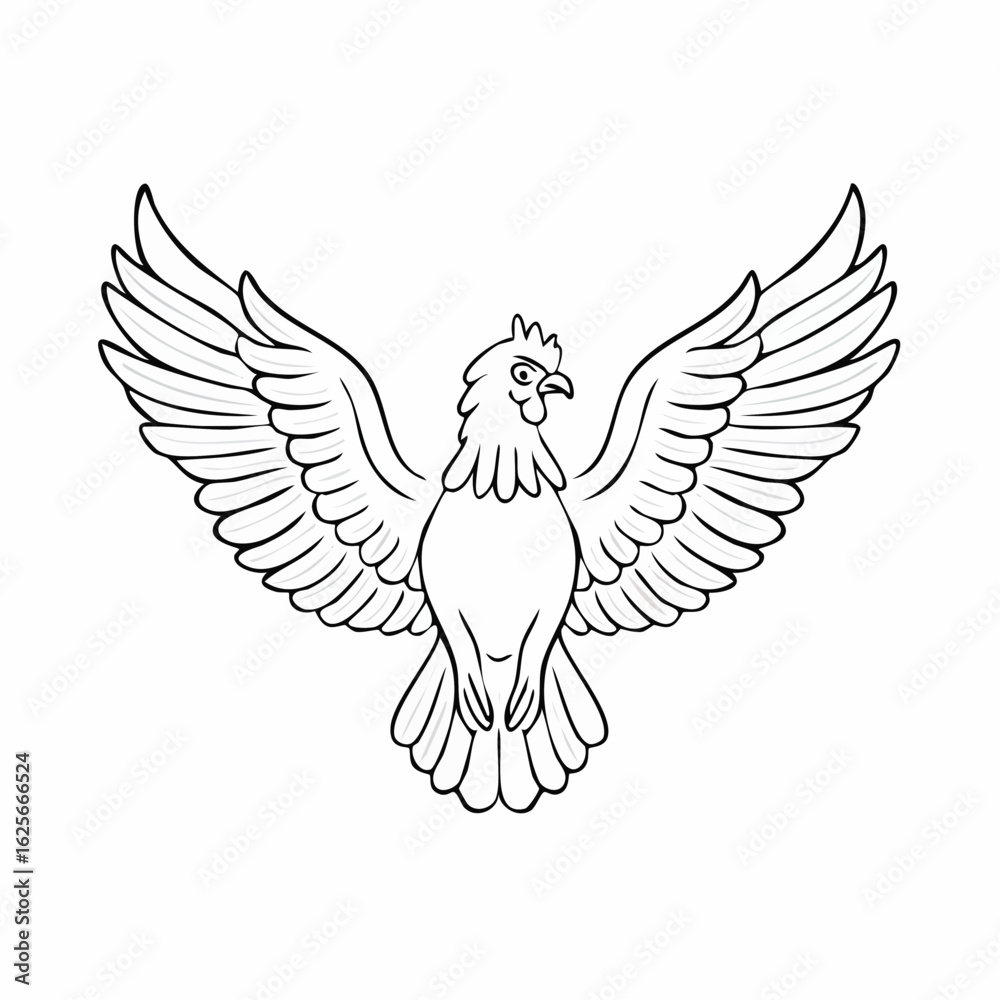 Fototapeta premium Majestic stylized chicken with outstretched wings in a black and white minimalist illustration