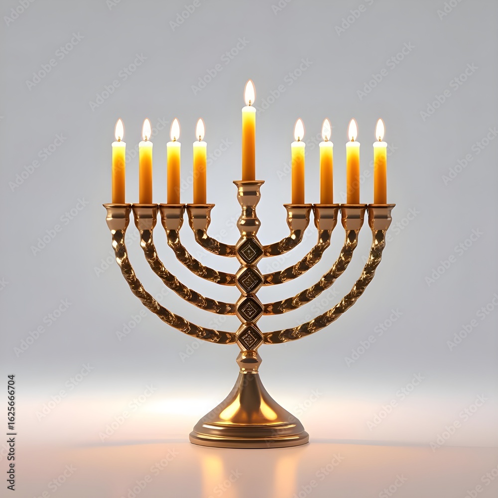 Fototapeta premium Jewish menorah candle holder with lit candles, symbolic Hanukkah item, isolated on transparent background, PNG clipart