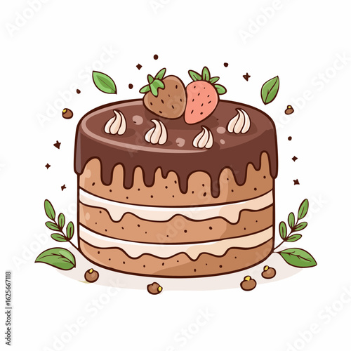 Delightful Chocolate Cake Illustration with Strawberries and Decorative Green Leaves Accents
