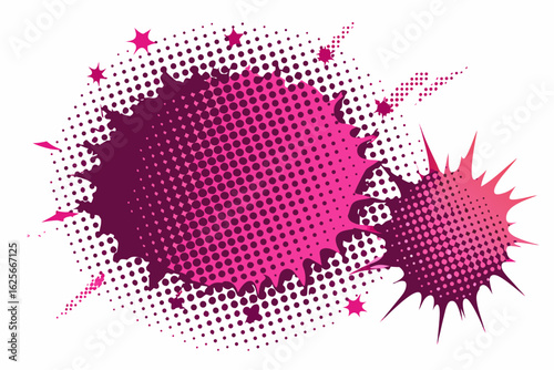 Dynamic comic book style explosion bursting with vibrant pink and purple halftone dots and sharp starburst elements, perfect for energetic design projects and bold statements.