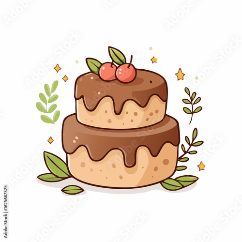 Delightful Two-Tiered Chocolate Cake with Cherries and Foliage Illustration for Celebrations
