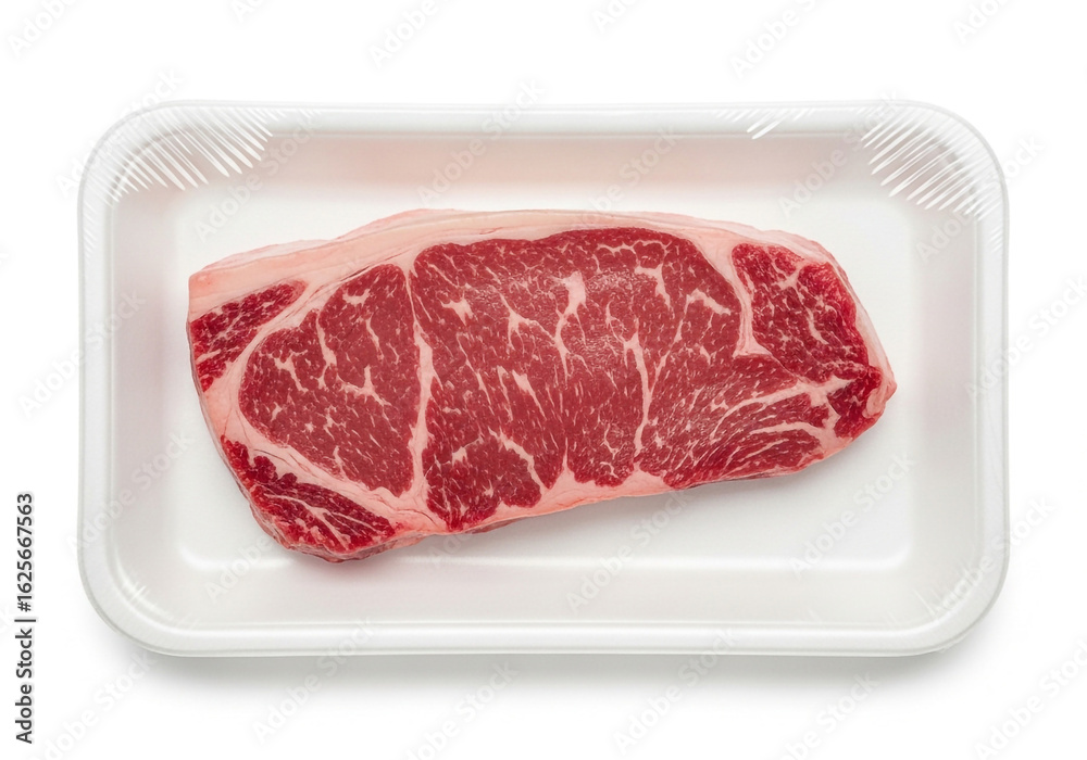 Obraz premium Raw beef steak in white styrofoam tray close up