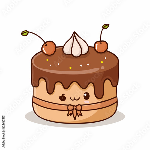 Charming Kawaii Chocolate Cake Character with Cherries and Cream Topping Illustration