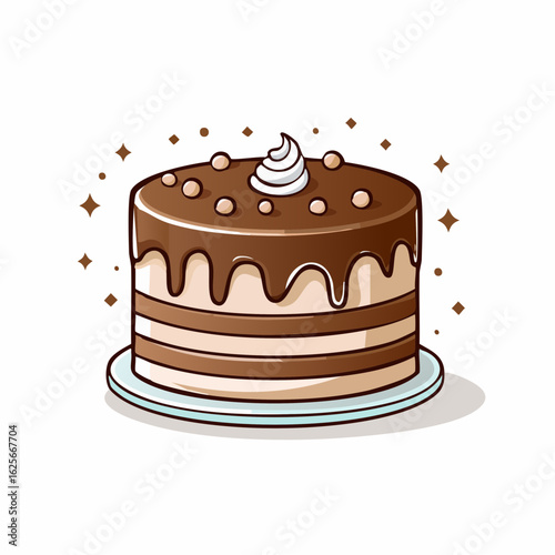 Charming Chocolate Cake Illustration with Drizzled Icing and Sprinkles, Set on a Plate