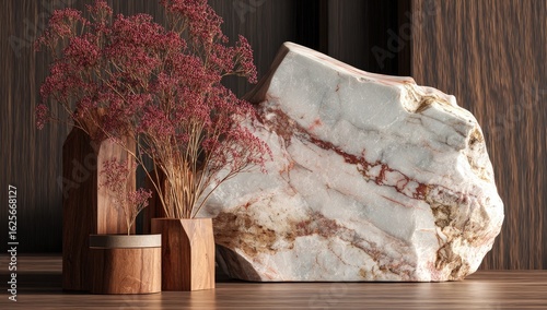 Fototapeta Naklejka Na Ścianę i Meble -  Modern, minimalist display of dried flowers,  wooden arch, and marble rock on dark wood