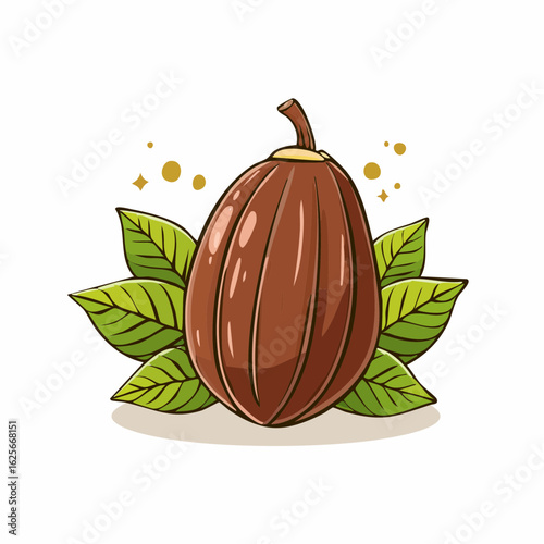 A captivating illustration of a fresh cocoa pod surrounded by lush green leaves