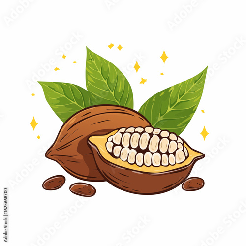 Vibrant cocoa pod illustration showcasing beans leaves and sparkling accents on white background