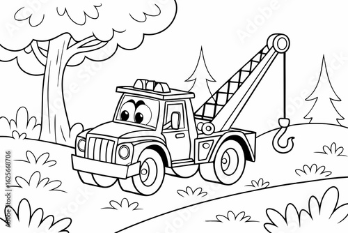 Vector Cartoon funny Tow Truck, funny image in the forest, Coloring book page for children. Line Art isolated on white background