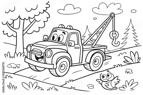 Vector Cartoon funny Tow Truck, funny image in the forest, Coloring book page for children. Line Art isolated on white background
