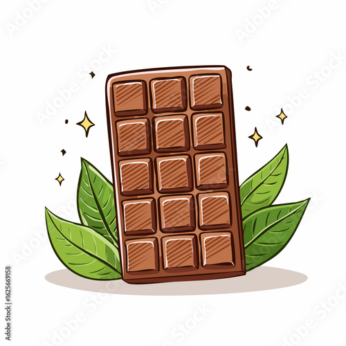 Delicious Cartoon Chocolate Bar Surrounded by Fresh Green Leaves and Sparkles Illustration