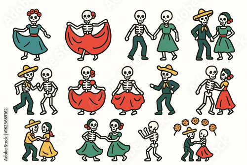 Día de Muertos Skeleton Dancers Coloring Icons, Flat Vector Set