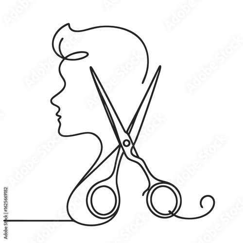 Line art of a hairdresser's scissors and a man's silhouette  