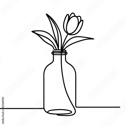 Single line art vase with tulip flower in minimalist style, for a cozy and delicate interior  