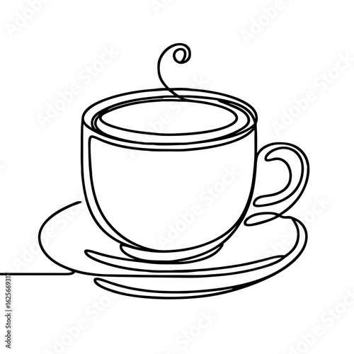 Minimalist line drawing of a coffee cup with saucer, fragrant morning  