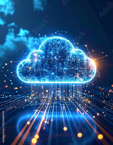 Futuristic digital cloud network with glowing elements representing data transmission and storage capabilities.