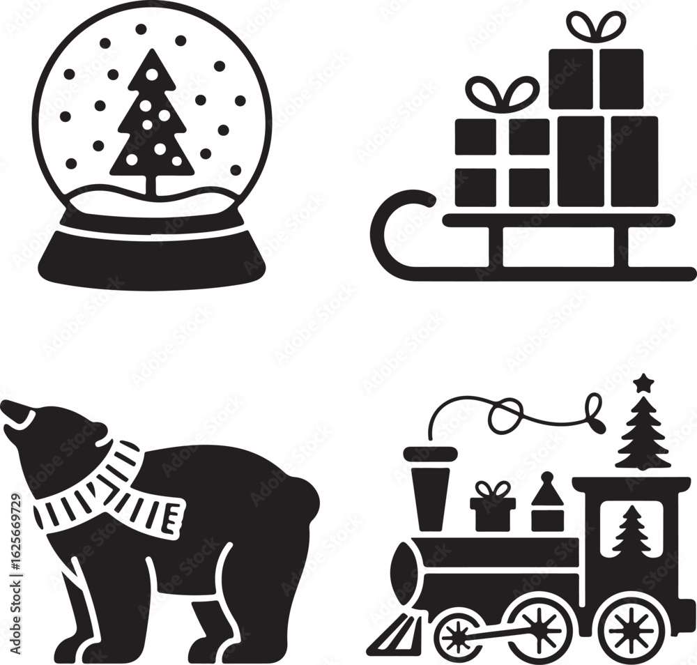 Fototapeta premium Vector Christmas Icons: Snow Globe, Gift Sled, Polar Bear, Toy Train; Black Silhouette Symbols.