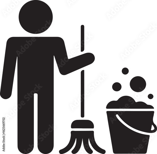 Cleaning Service Icon Vector Illustration with Mop and Bucket of Bubbles