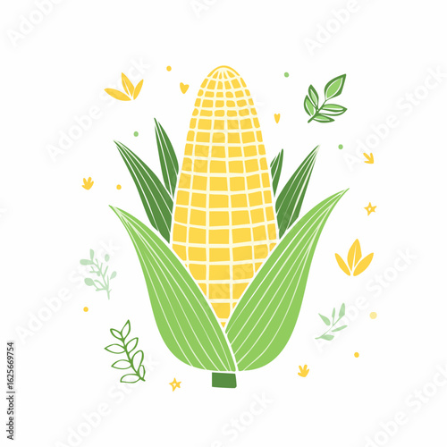 Corn on the cob illustration with decorative leaves and yellow flowers surrounding it