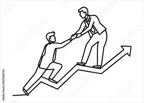 Minimalist single line art depicting a cheerful young professional in a business setting conveying optimism and forward momentum