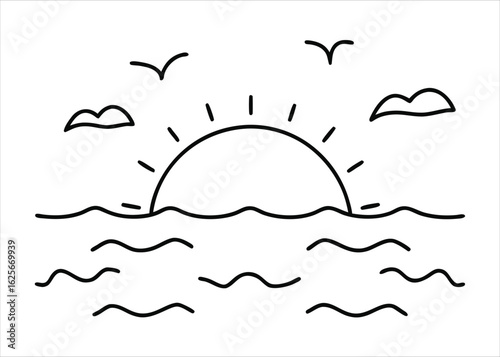 Serene ocean horizon captured in a single continuous line drawing depicting a beautiful sunset