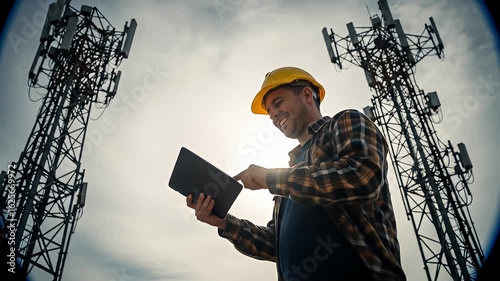 Construction worker with tablet at telecom towers, smiling, with sunshine and sky
