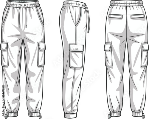 Cargo pants vector template front side back view, blank utility trousers design, fashion flat illustration, editable clothing mockup, casual streetwear apparel outline
