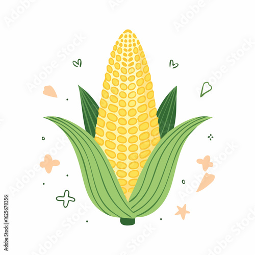 A Colorful Cartoon Illustration of a Fresh and Healthy Corn on the Cob Image