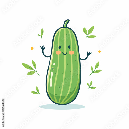A cheerful cucumber cartoon with a cute face surrounded by leaves in a playful illustration